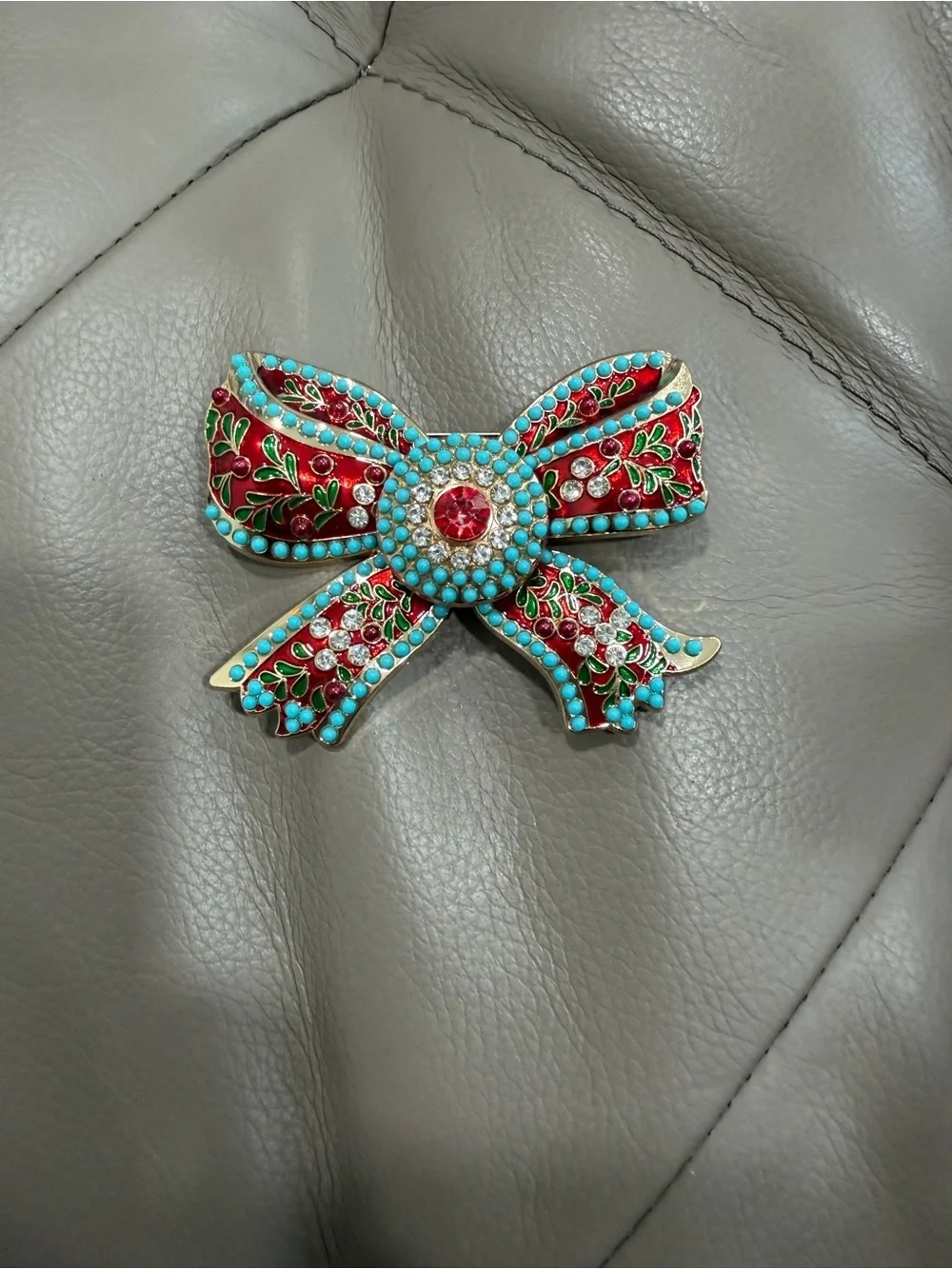 Vintage Style Enamel Bow Brooch Pin Red, Turquoise & Gold Rhinestone accents